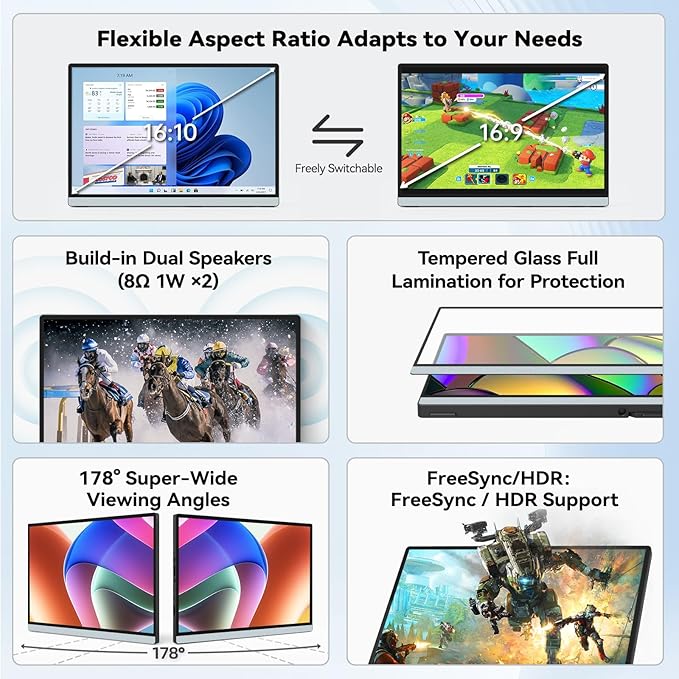 Intehill 14 Portable Monitor WUXGA 1920x1200 Portable Screen with Full-Covered Tempered Glass 16:10 USB-C HDMI External Display with Speakers &amp Stand Travel Monitor Second Screen for Laptop F