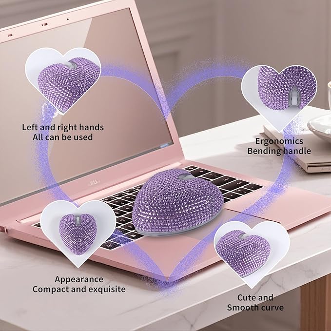 elec Space Stylish Heart-Shaped Wireless Bluetooth Mouse – Rechargeable Silent RGB Light and Perfect for Laptop &amp PC (Purple)