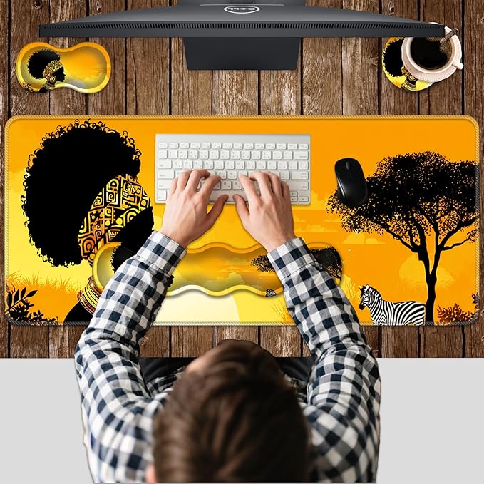 Ergonomic Keyboard Wrist Rest &amp Mouse Pad Wrist Rest SetXL Gaming Desk Mat 31.5x 11.8Non-Slip BaseMemory FoamEasy Typing Pain Relief for Office &amp HomeAfrican Woman Sunset Art