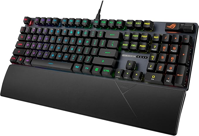ASUS ROG Strix Scope II Gaming Keyboard pre-lubed ROG RX Red Linear Optical switches Sound-dampening Foam PBT doubleshot keycaps Streaming hotkeys Multi-Function Controls Wrist Rest