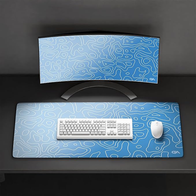 GutzyAiden Topo Extended Extra Large Mouse Pad | Gaming Setup | Hybrid Polyester Fabric Top | Non-Slip Natural Rubber Base | 5mm Thick | ICY Cyan Topo | 3XL - 48 x 24 |