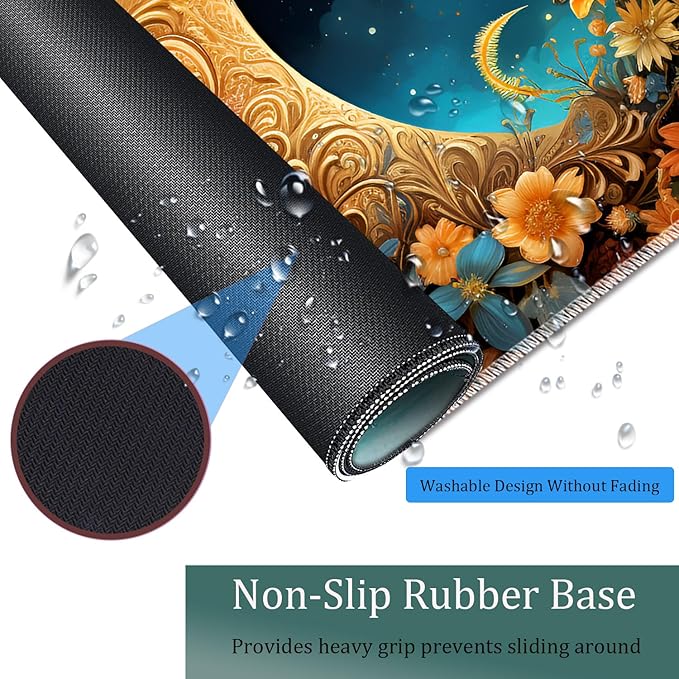 Large Game Mouse Pad + Wrist Support Pad + Coffee Coaster Desk Pad with Sewn Edges Anti-Slip Set pad Suitable for Office Work and Home - Flowers Moon Star