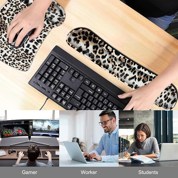 Keyboard Wrist Rest Pad and Ergonomic Mouse Pad Wrist Support Set Leopard for Gaming Office Comfortable and Pain Relief with Coaster Set