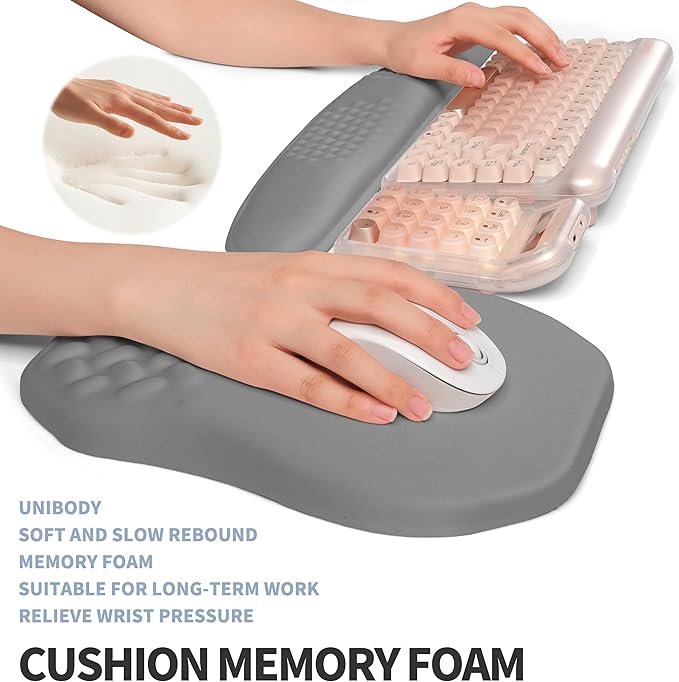 2-in-1 Ergonomic Set Wave Keyboard Wrist Rest and Massage Slope Mouse Pad Wrist Support Rebound Memory Foam for Relieve Carpal Tunnel Syndrome and Wrist Pain (Dark Grey)