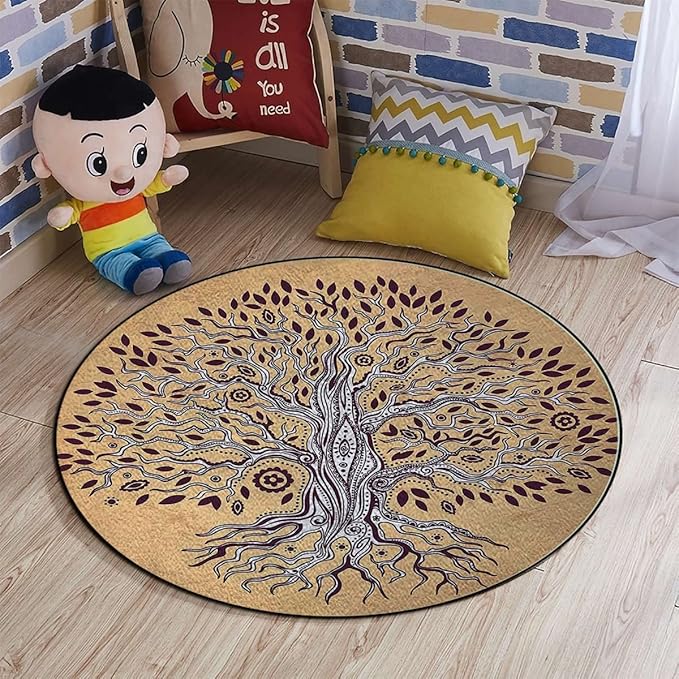 Cream BrownRound Area Rug Swivel Chair Mats Vintage Modern Graphic of an Aged Plant Under Computer Desk Floor Protector for Rolling Chairs Non Slip Anti Scratches Tree of Life Diameter 35.5 in