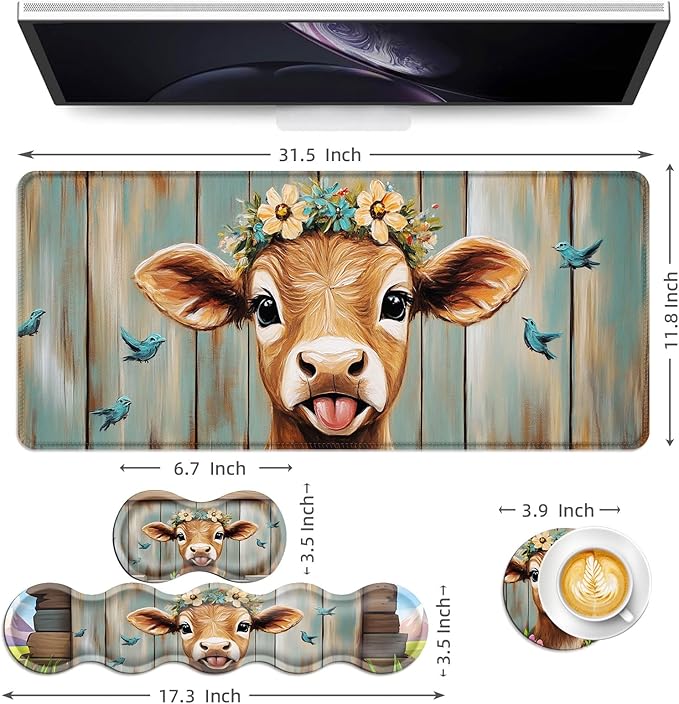 Keyboard Mouse Pad Set Extended Gaming Mouse Pad+Ergonomics Keyboard Wrist Rest Support Memory Foam Easy Typing Pain Relief 4Pcs XL Ultra Thick Desk MatFlower Crown Calf Blue Birds