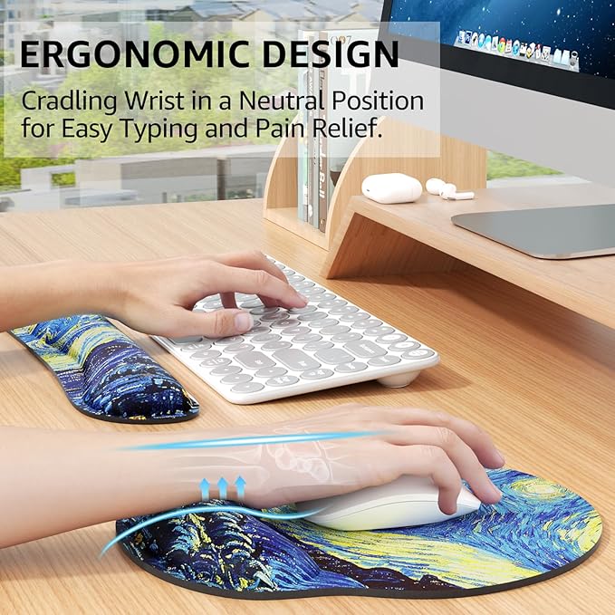KTRIO Ergonomic Keyboard Wrist Rest Memory Foam Mouse Pad with Wrist Rest for Computer Keyboard Mouse Pad Set for Easy Typing &amp Pain Relief for Office &amp Home Starry Night