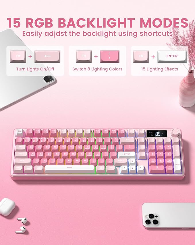 Keymatic Gaming Keyboard Wireless Creamy Keyboard with Media Knob &amp Screen Cute Keyboard Mechanical Feeling Membrane Keyboard with Number Pad RGB Backlit Tri-Mode BT/2.4GHz/USB-C - Pink