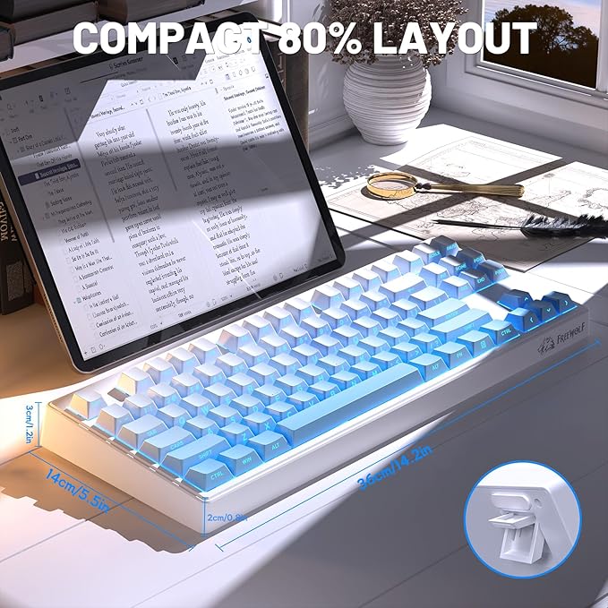M87V2 87 Keys Membrane Gaming Wireless Keyboard80% TKL Layout Side Printed Keys Retro Cute CreamyRGB Backlit 4000mAh 2.4G/BT/Wired Computer Silent Keyboard for MAC PC- Gradient Blue