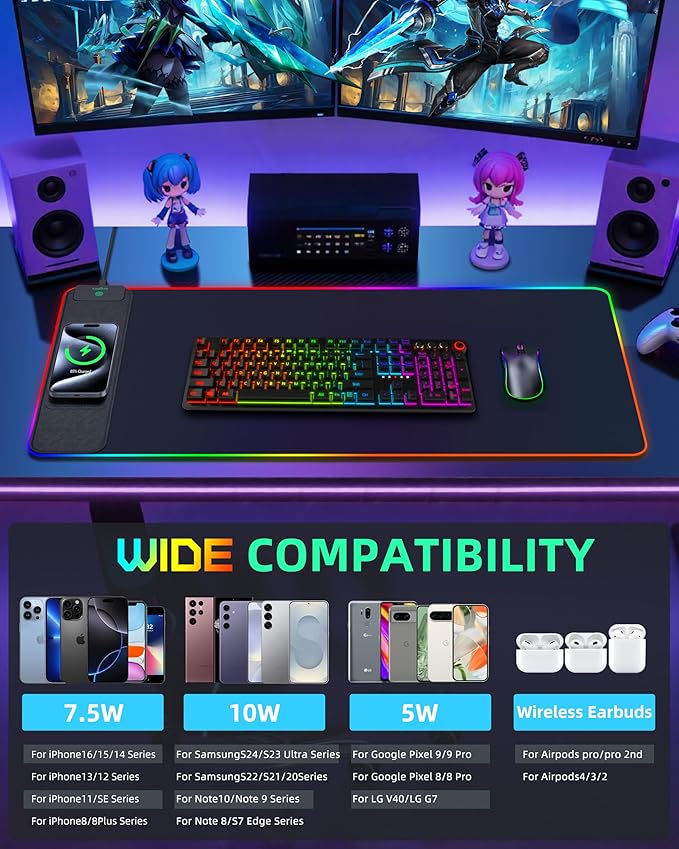 Wireless Charging Mouse Pad RGB Gaming Desk Mat 31.5x15.7 Large XXL Desk Pad 15 Lighting Modes Ultra-Smooth Surface Non-Slip Mouse Mat Waterproof Computer Keyboard Pad for Desk Office Black