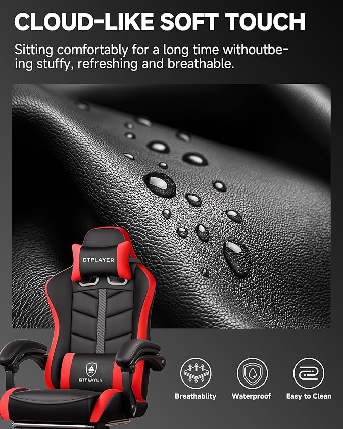 GTPLAYER Gaming Chair for Adults Ergonomic Computer Gaming Chair with Footrest Height Adjustable 90-155° Recline &amp Removable Headrest Lumbar Support Black&ampRed