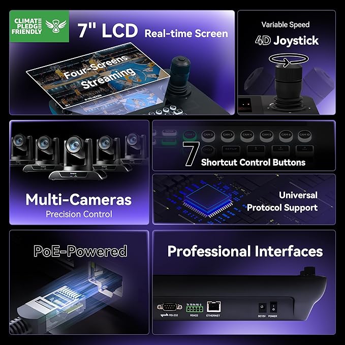 Tenveo 4K PTZ Camera and Controller Bundle/Kits- 12X 4K PTZ Camera with HDMI/USB3.0/LAN(PoE) 7-Inch LCD Quad-Screen 4D Joystick NDI PTZ Controller Kit for Church Services Live Streaming Conference