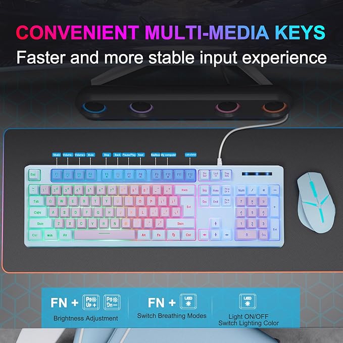 HUO JI Gaming Keyboard USB Wired with Rainbow LED Backlit Floating Keys Mechanical Feeling Spill Resistant Ergonomic for Xbox PS Series Desktop Computer PC Purple Blue