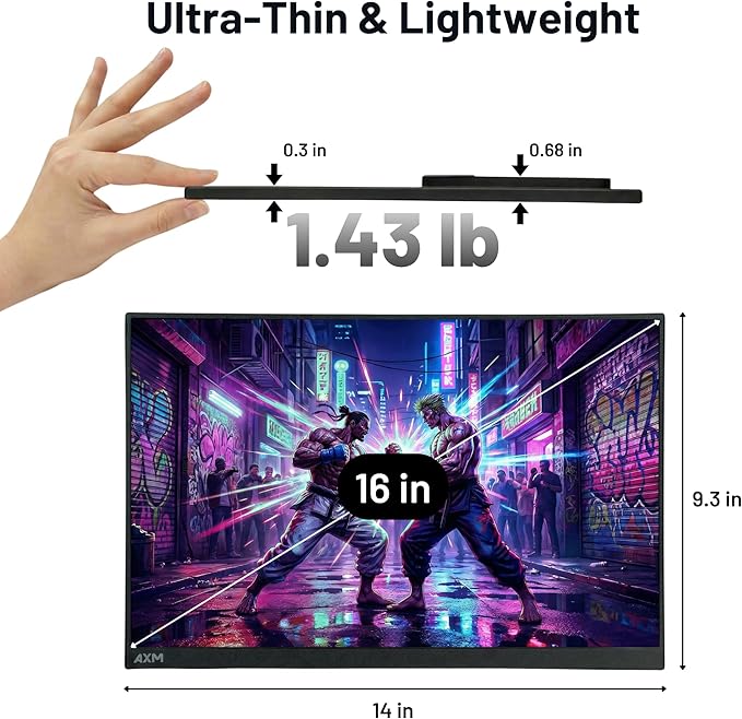 AXM 16 2.5k 2560x1600 Portable Monitor IPS 120Hz 400 Nits 140% sRGB (OLED-Like Colors) USB-C HDMI 2nd Monitor for Switch (Dock-Free) Connection Laptop Windows MacBook Phone Xbox PS5