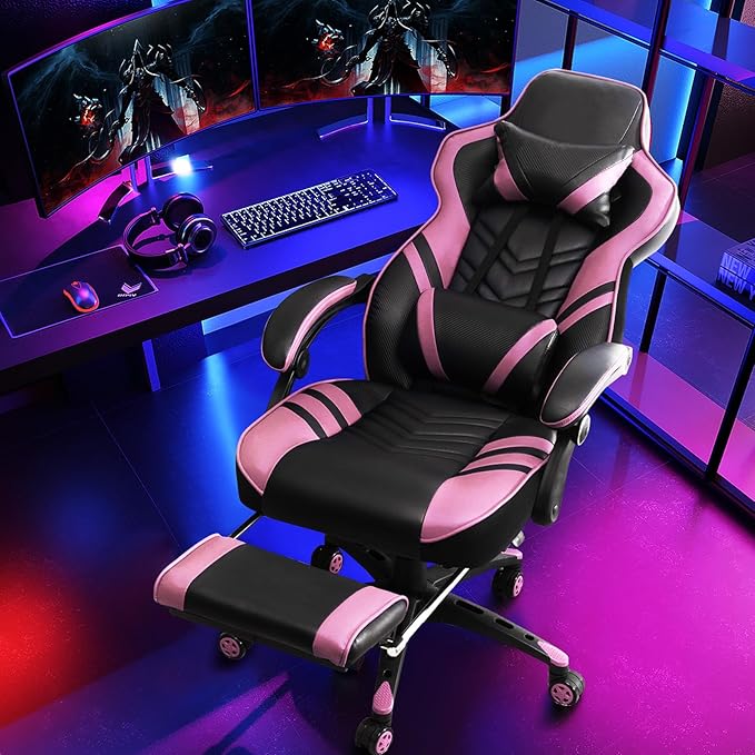 Goplus Gaming Chair Computer Chair with Footrest and Lumbar Support Height Adjustable Executive Swivel Rolling Task Chair with 90°-155° Tilt Function (Pink)