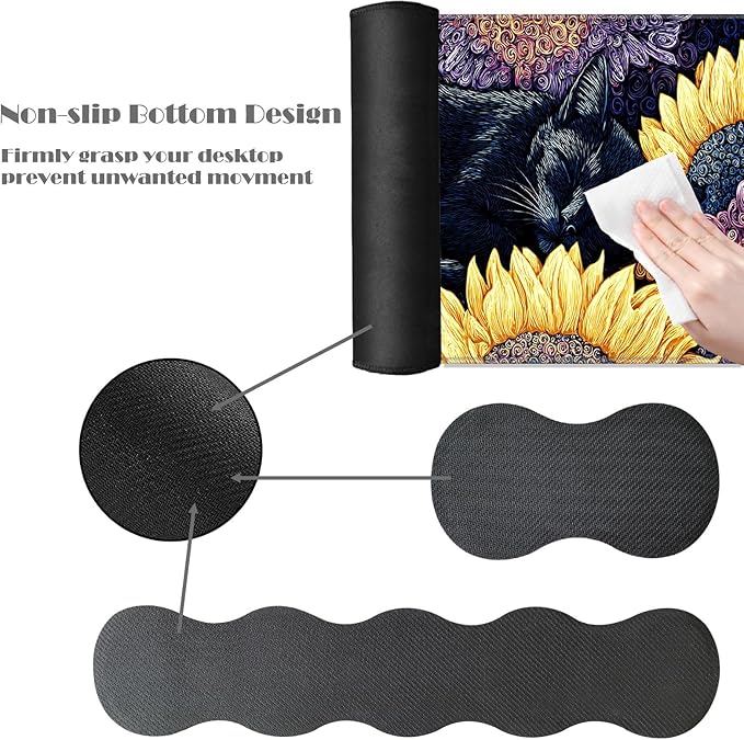 Ergonomic Keyboard Wrist Rest &amp Mouse Pad Wrist Rest SetXL Gaming Desk Mat 31.5x 11.8Non-Slip BaseMemory FoamEasy Typing Pain Relief for Office &amp HomeBlack Cat with Sunflowers