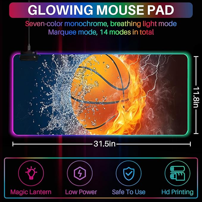 XL RGB Gaming Mouse Pad with 14 Light Modes - Light Up Gamer Mouse Pad31.5 x 11.8in Non-Slip Basketball Style Led Large Gamer Mousepad Black Long Glowing Gaming Accessories for Desk Waterproof