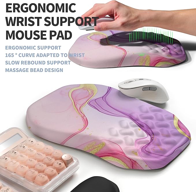 2-in-1 Ergonomic Set Wave Keyboard Wrist Rest and Massage Slope Mouse Pad Wrist Support Rebound Memory Foam for Relieve Carpal Tunnel Syndrome and Wrist Pain (Pink Purple Marble)