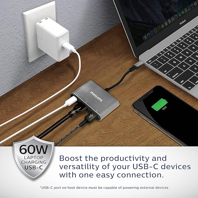 Philips USB C Hub to Multiport Adapter 3 in 1 Power Pass Through HDMI 4k@30Hz 60W USB C Charging Port 5Gbps USB 3.0 Port for MacBook Pro MacBook Air UCB C Laptop Docking Station DLK9220C/27