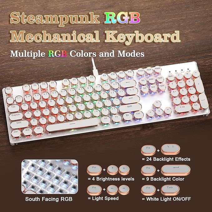 YUNZII QL108 Typewriter Style Mechanical Gaming KeyboardFull Size Hot Swappable RGB Backlit KeyboardsMetal Panel Retro Punk Round KeycapsUSB Wired Computer Keyboard (Silver Onyx Gray Switch)