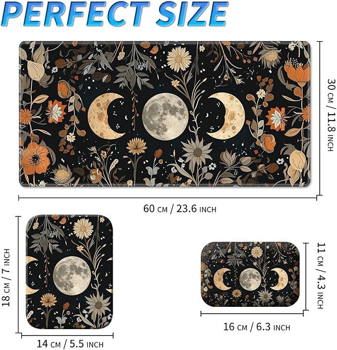 Wrist Rest Pad Small Mouse Pad and Office Desk Mat Set 3 in 1 Desk Pad 11.8 x 23.6+Mousepad +Mouse Wrist Rest with Ergonomic Design Non-Slip for Home Gaming Computer Flower Moon