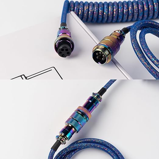 Keychron Premium Coiled USB-C Angled Aviator Cable – Rainbow Plated Blue 5-Pin GX16 Detachable Metal Connector USB-A Adapter Double-Sleeved Design for Mechanical Keyboards Charging and Data Sync