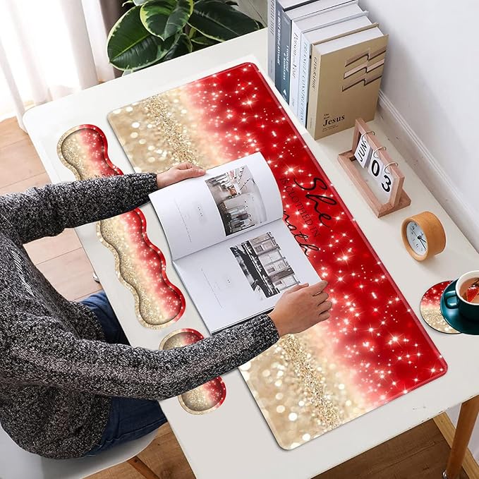 Large Gaming Mouse Pad Keyboard Wrist Rest + Mouse Wrist Pad + Coaster Combination Set Memory Sponge Non-Slip Base. Suitable for Office and Home Red Glitter Quote Proverbs 31-25