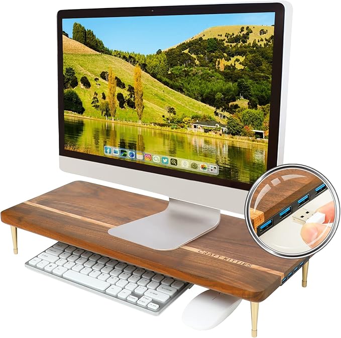 Monitor Stand Wood Riser with 4 USB Ports Computer Monitor Stand with America Walnut Data Transfer Charging Hub -Compatible with Computer Mac PCs Smartphone 20.5*8.3in