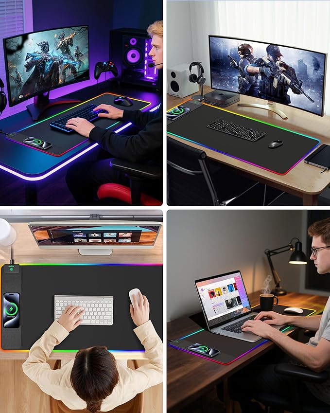 Wireless Charging Mouse Pad RGB Gaming Desk Mat 31.5x15.7 Large XXL Desk Pad 15 Lighting Modes Ultra-Smooth Surface Non-Slip Mouse Mat Waterproof Computer Keyboard Pad for Desk Office Black