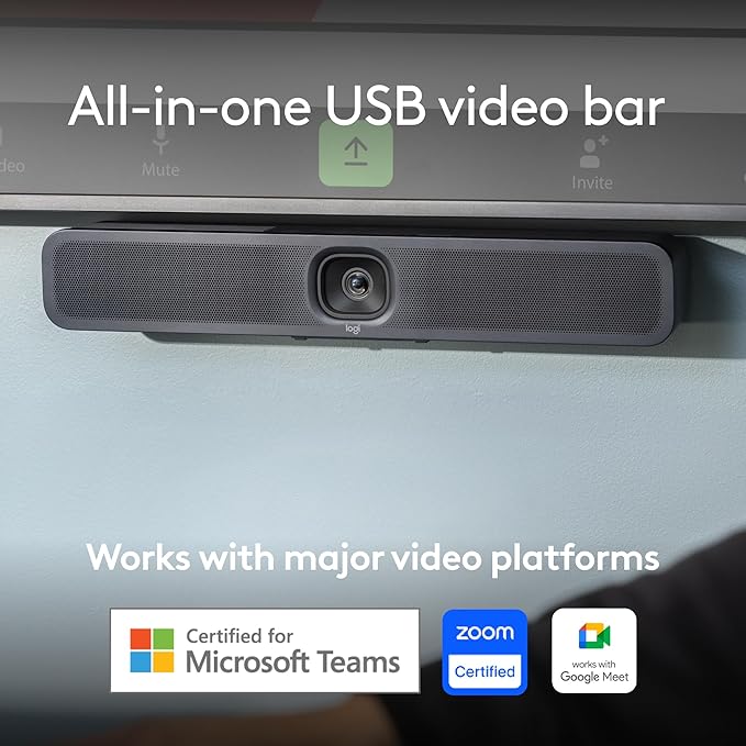 Logitech MeetUp 2 All-in-One USB Conference Room Camera Compact Video Bar with Built-in AI Features Works with Microsoft Teams Zoom Rooms Google Meet and More (Renewed)
