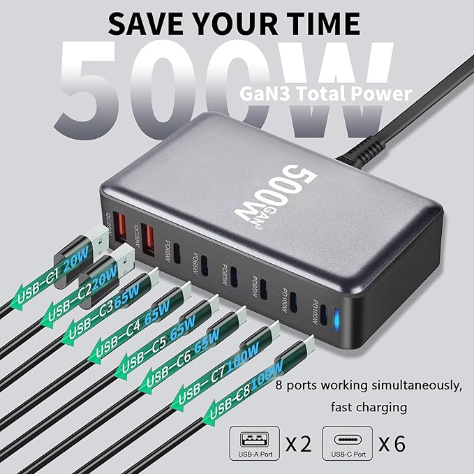 500W USB C Fast Charging Station Hub 8 Port HUB Fast Charging Brick for Multiple DevicesPD PPS 100W Wall Charger Compatible with MacBook Pro/Air/All iPad iPhone 16/15 for HP Dell Lenovo Acer Laptop
