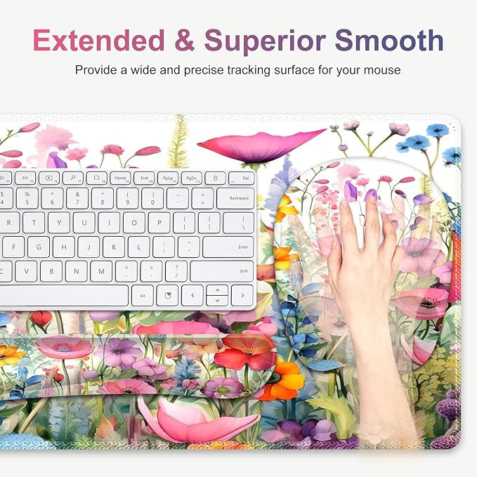 Large Mouse Pad with Wrist Support 4in1 Set XXL Game Mousepad +Keyboard Wrist Rest+Mouse Wrist Rest+Coaster Ergonomic Design Gaming Mat for Home Office Table Computer I Gorgeous Rose Plants