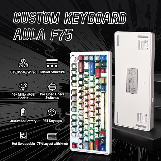 Aula F75 Wireless Mechanical KeyboardCreamy Keyboard with RGB Backlit Hot Swappable 81 Keys 75% Layout Gaming Keyboard Bluetooth/2.4GHz/Type-C Creamy Sounding - Reaper Switches