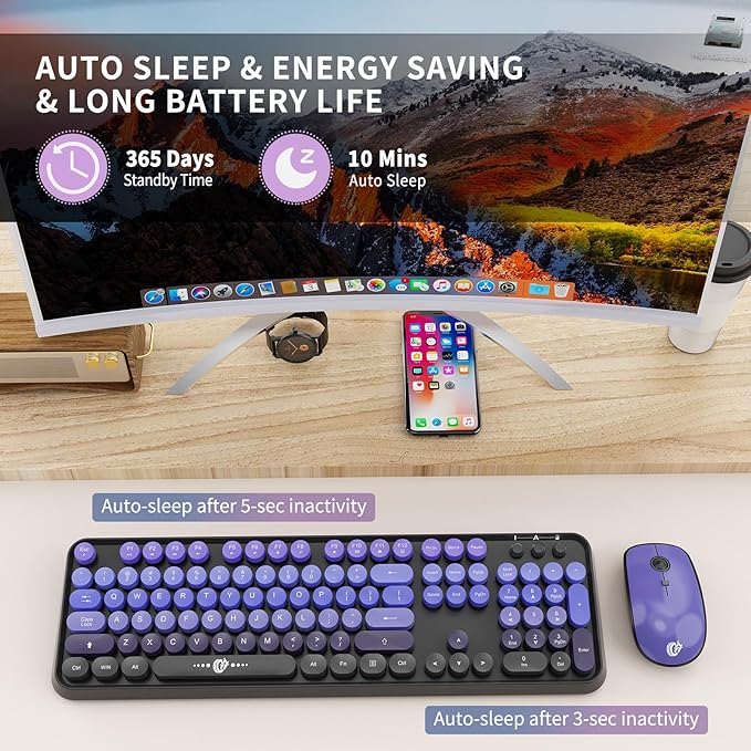 FOPETT Wireless Keyboard and Mouse Combo - 2.4G Full-Sized Cute Colorful Mouse and Keyboard with 104 Round Keys Retro Typewriter Keyboard for Laptop/Windows/PC - Black Purple