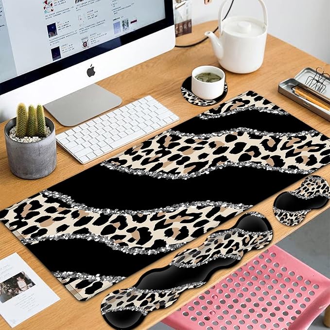 Black Large Gaming Mouse Pad - 31.5x11.8 Ergonomic Memory Foam Wrist Rest Support Non-Slip Base Leopard Design