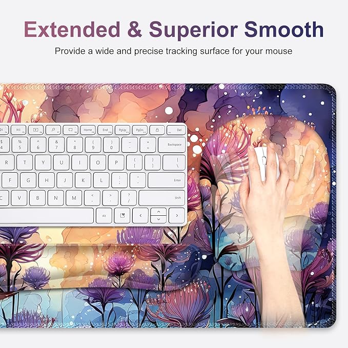 4 in 1 Large Mouse Pad Keyboard Wrist Rest Set Ergonomic Mouse Pad with Wrist Support Desk Mat with Stitched Edges Extended Desk Pad Waterproof Desk Mat for Home Office I Blossom Purple Flower