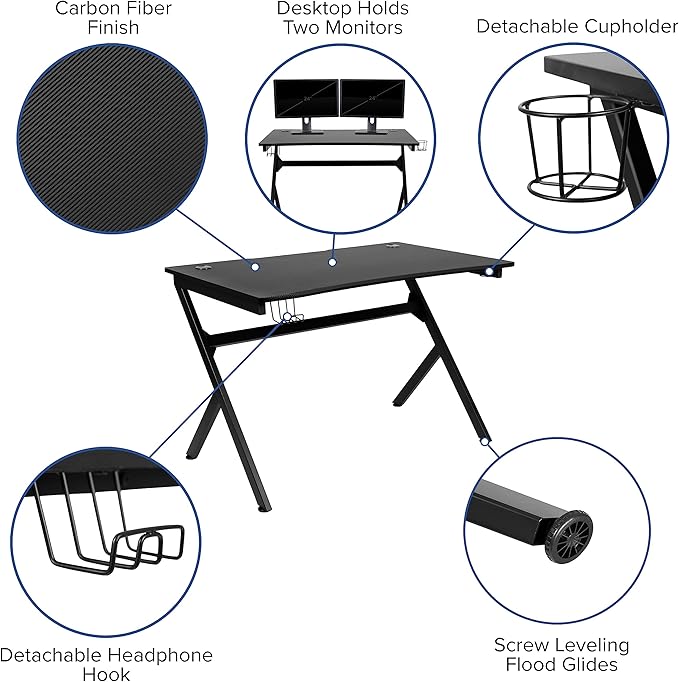 Flash Furniture Black Gaming Desk and Red/Black Reclining Gaming Chair Set with Cup Holder Headphone Hook &amp 2 Wire Management Holes