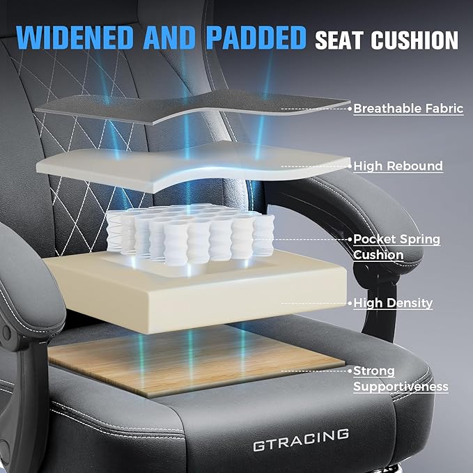 GTPLAYER Big and Tall Gaming Chair Breathable Fabric Computer Chair with Strong Lumbar Support Comfortable Office Chairs with Pocket Spring Cushion High Back Ergonomic Desk Chairs with Footrest