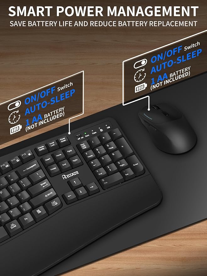 Wireless Keyboard and Mouse Combo2.4G Full Size Wave Keys Ergonomic Keyboard with Wrist Rest for Natural Typing 3 DPI Adjustable Ergonomic Silent Mouse for Computer/Laptop/Windows/Mac (Black)