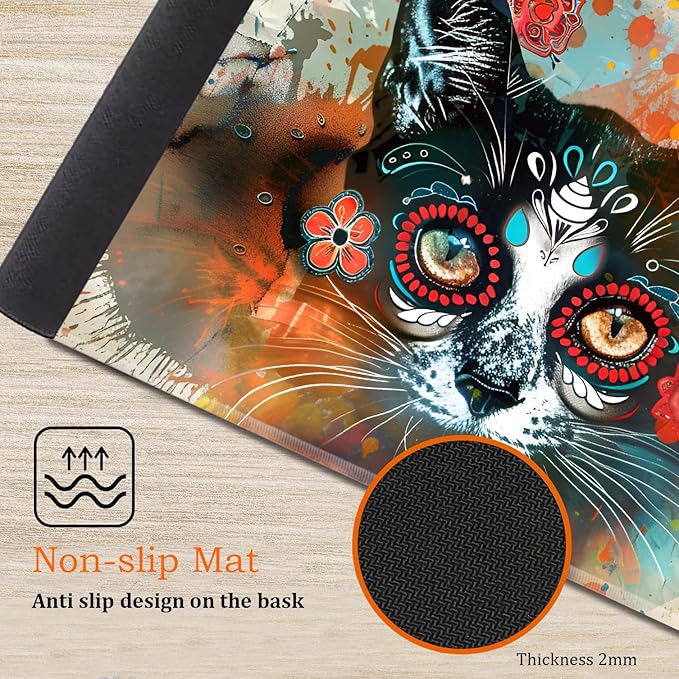 Large Gaming Mouse Pad Keyboard Wrist Rest Pad + Mouse Wrist Pad + Coaster 4 in 1 Set Extended Waterproof Non-Slip Desk Mat Suitable for Office Home Learning Games Artistic Cat Face