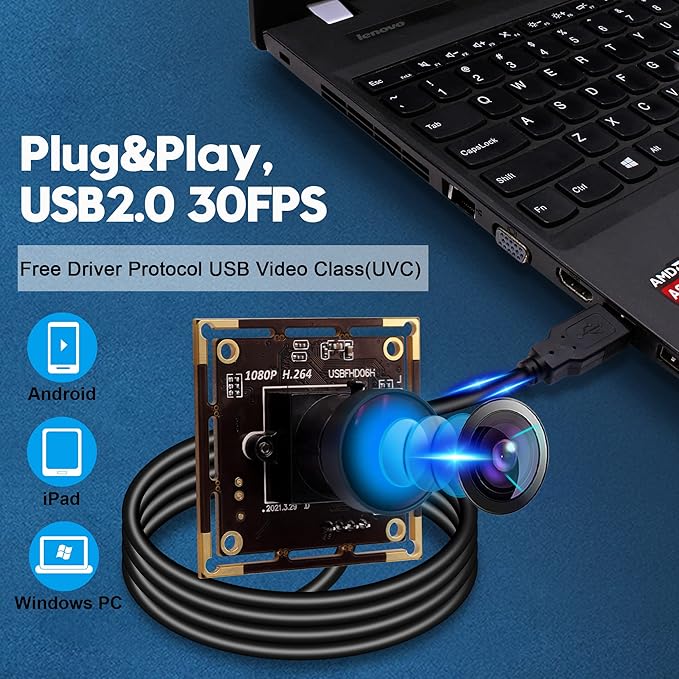 1080P USB Camera Module for Video Conferencing 2MP IMX323 with 170 Degree Fisheye Lens H.264 Format and Low Light Performance for Computer Linux Android Jetson Nano