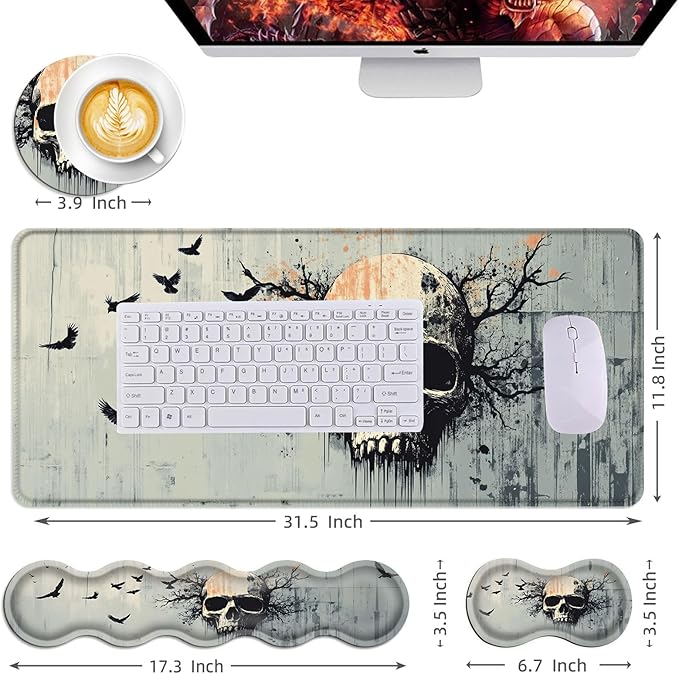 Mouse PadLarge Desk Mat Set 4in1 XL Mousepad + Keyboard Wrist Rest+Mouse Wrist Rest+Coaster with Ergonomic Desk Pad for Home Office Table Computer Cover -Skull with Branches and Crows