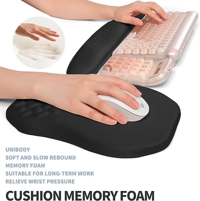 2-in-1 Ergonomic Set Wave Keyboard Wrist Rest and Massage Slope Mouse Pad Wrist Support Rebound Memory Foam for Relieve Carpal Tunnel Syndrome and Wrist Pain (Black)