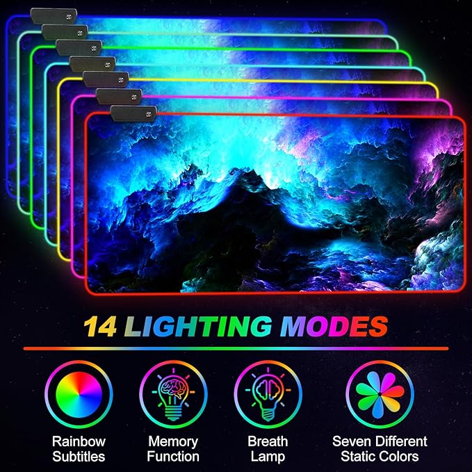 ARTSO RGB Gaming Mouse Pad Large Extended LED Mouse Mat XXL 35.4x15.7 inch 14 Lighting Modes 2 Brightness Non-Slip Rubber Base Mousepad Waterproof Keyboard MatFantasy Nebula Sky