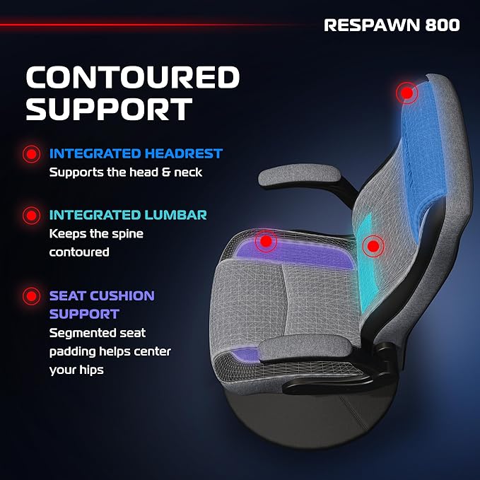 RESPAWN 800 Swivel Rocker Gaming Chair - Ergonomic Floor Gaming Seat with Lumbar Support Flip Up Armrest High Back Pedestal Base Comfortable No Wheels Console Video Game Rocker Chair - Gray Fabric