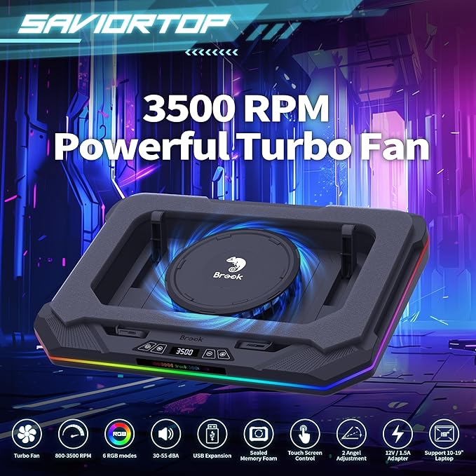 Brook Saviortop Gaming Laptop Cooling Pad – High-Speed 3500 RPM Laptop Cooler with Turbo Fan RGB Cooling Stand for 10-19 Inch Laptops Touch Control USB-C Hub Adjustable Height Quiet Cooling Fan