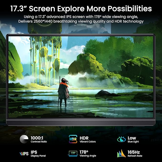 VILVA 17.3'' Portable Monitor 2.5K QHD 165Hz Gaming Display Ultra-Slim Metal Body Built-in Stand USB-C HDMI External Monitor for Laptop PC PS5 Xbox Switch