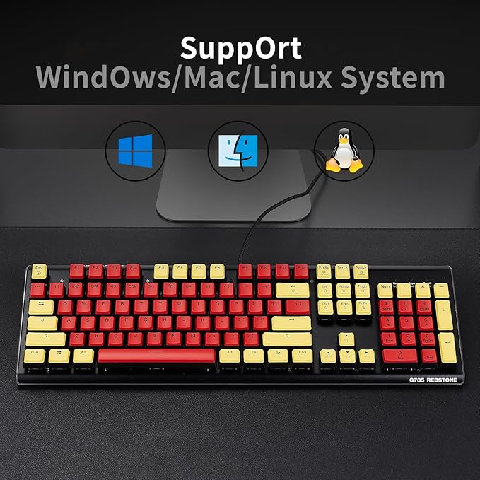 Hexgears GK735 Wired Mechanical Gaming Keyboard Hot-Swappable Full-Size Keyboard with White Backlit + Surround Side Light Strip Aluminum Finish Kailh Clicky Switches (Red-Yellow)