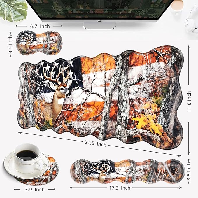 Desk Mat Mouse Pad with Wrist Rest 4-in-1 Large Mouse Pads for Desk Ergonomic Mouse Pad and Keyboard Wrist Rest Gaming Keyboard Mat for OfficeDeer Tree Forest American Flag