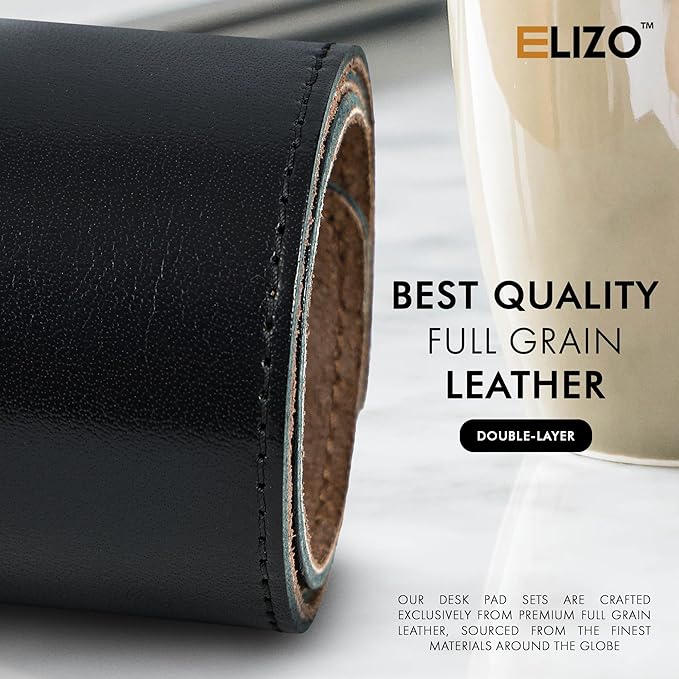 Elizo Leather Desk Mat Desk Pad Blotter Set - Real Full-Grain Leather (32x16) 2-Layer Genuine Desk Cover Protector &amp Large Mouse Pad | Computer Keyboard Desk Accessories for Office &amp Home